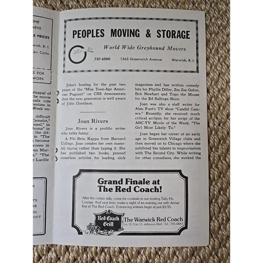 Rare Joan Rivers/John Davidson Warwick Musical Theatre RI Program 7/8-7/13, 1974